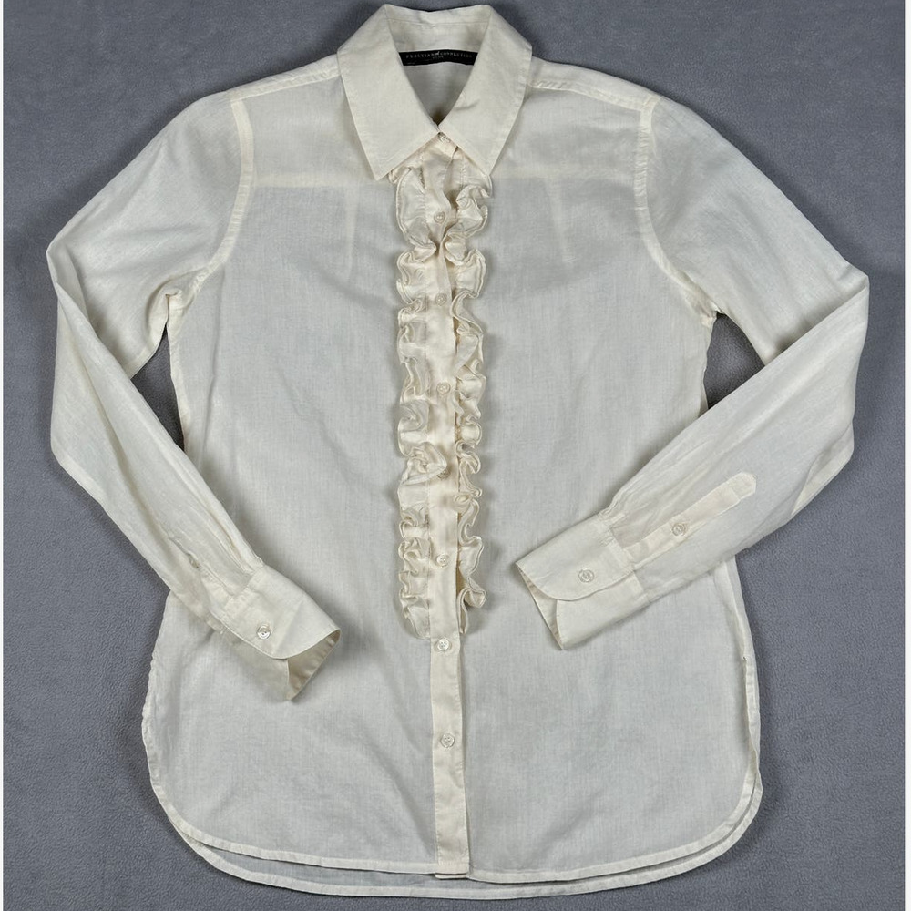 Peruvian Connection Ruffled Button Up Shirt Blouse Cream Cotton Lawn Size XS